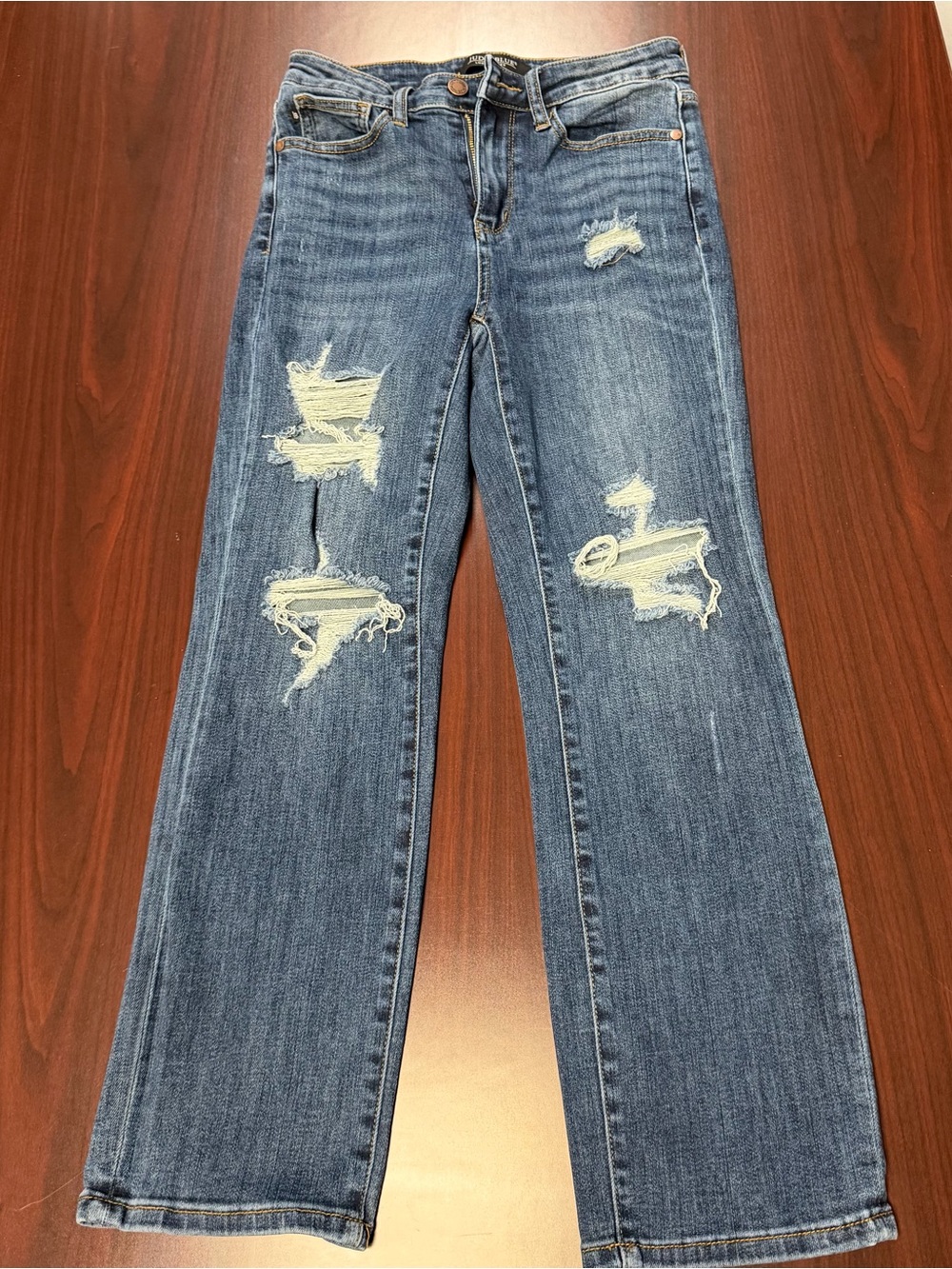 Judy Blue Medium Blue Distressed Straight-Leg Jeans
